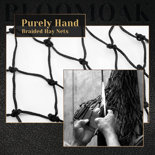 Bloomoak Slow Hay Net Feeder for Horses, Durable Soft Black PE 2/3 String Hay Bales Bags, Fit 36x18x18 to 47x25x17 Inches, Extends 50-64 Inches (2 1.6" Hole/2PC)