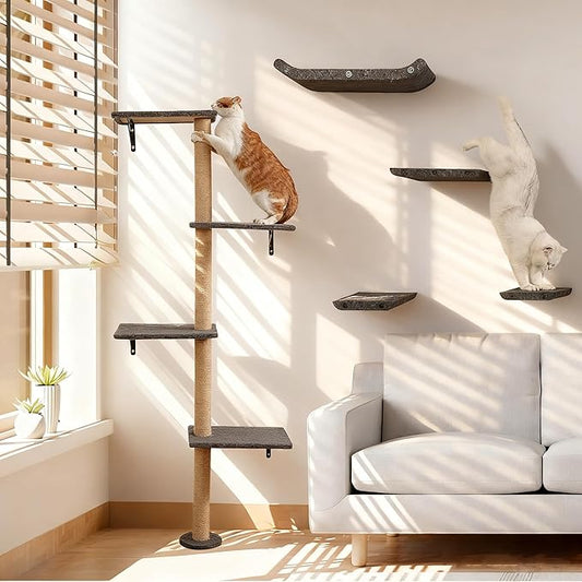 Cat Tree Wall Mounted,Tall Scratching Post for Indoor Cats Climbing Tower Activity Wood Cat Wall Furniture (Grey)