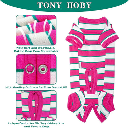 TONY HOBY Male Dog Pajamas, Dog Jumpsuit with Rose Red Stripe, Colorful Dogs Shirt for Small Medium Dogs (Rose Red&White, Boy, XL)