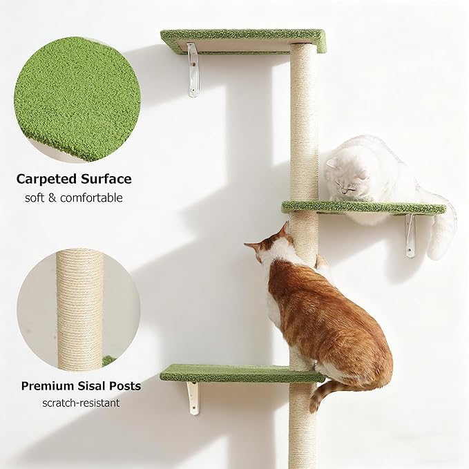 Cat Tree Wall Mounted,Tall Scratching Post for Indoor Cats Climbing Tower Activity Wood Cat Wall Furniture(Green)