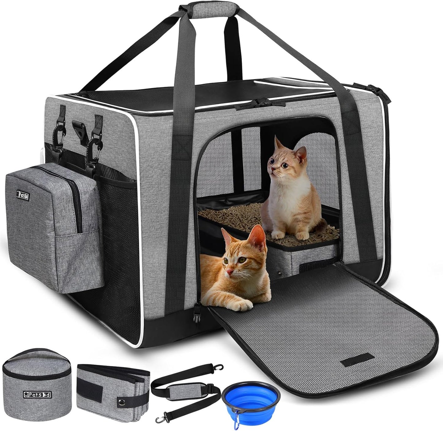 Petskd Extra Large Cat Carrier with Litter Box 24"x17"x17" for Medium Large Cat or 2 Small Cats, Collapsible Soft Sided Pet Carrier for Car Travel with Lockable Safety Zippers(Grey) - Pawvie