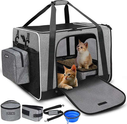 Petskd Extra Large Cat Carrier with Litter Box 24"x17"x17" for Medium Large Cat or 2 Small Cats, Collapsible Soft Sided Pet Carrier for Car Travel with Lockable Safety Zippers(Grey) - Pawvie