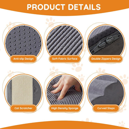 Pet Stairs, Dog Stairs for Small Dogs, Dogs Steps, 5-Step Curved Dog Ramp for Bed, Couch, Sofa, Car and Chairs, Non-Slip Bottom Design, Cat Scratching Board, High Density Foam Portable Pet Step, Grey