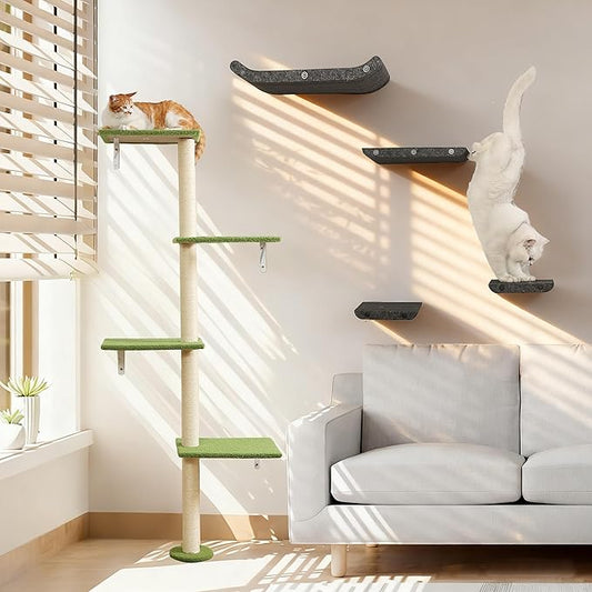 Cat Tree Wall Mounted,Tall Scratching Post for Indoor Cats Climbing Tower Activity Wood Cat Wall Furniture(Green)