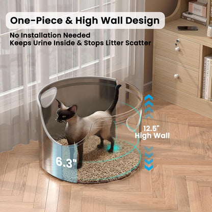 Stainless Steel Litter Box Metal with Integrated Round for XL/XXL Big and Multi Cats, 12" High Wall High Side, Odor Control, Easy to Clean, Durable, Includes Stainless Steel Scoop