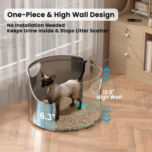 Stainless Steel Litter Box Metal with Integrated Round for XL/XXL Big and Multi Cats, 12" High Wall High Side, Odor Control, Easy to Clean, Durable, Includes Stainless Steel Scoop