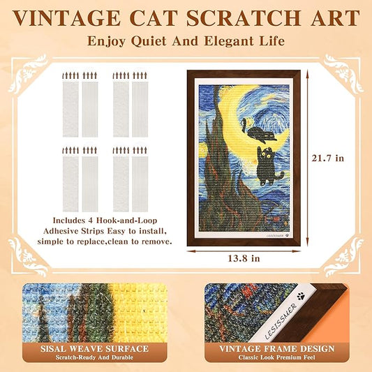 Wall Art Cat Scratcher Sisal Mat, No-Drill Wall Mounted Cat Scratch Pad with Frame, 13.8 x 21.7 Inch Cat Wall Scratchers for Indoor Cats(Starry Night)