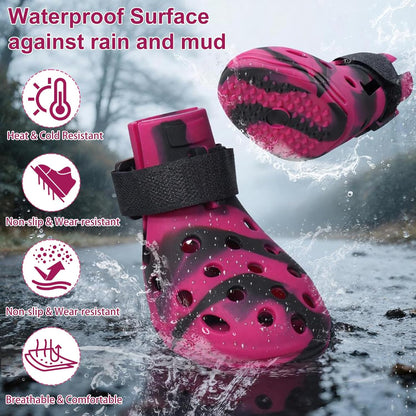 Dog Shoes for Hot Pavement and Snow, Silicone Dog Booties for Small Medium Large Dogs, Waterproof Paw Protectors- Non-Slip, Adjustable Straps, Dog Boots for Beach/Rain/Hiking (Black Pink, M)