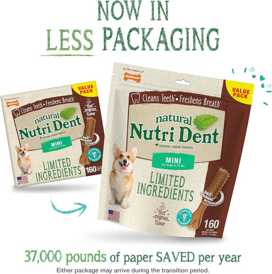 Nylabone Nutri Dent Dog Dental Chews - Natural Dog Teeth Cleaning & Breath Freshener - Dental Treats for Dogs - Filet Mignon Flavor, Mini (160 Count)