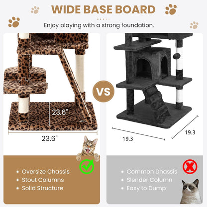 SHA CERLIN 65in Larger Cat Tree Tower Condo for Indoor Kitties/Multi-Level Furniture Activity Center with Wide Base/Cozy Plush Cat Perches/Baskets/Sisal Scratching Posts and Hammock/Leopard Print