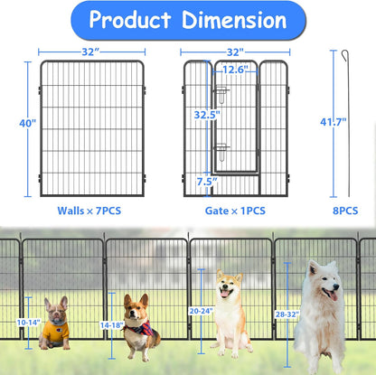 Dog Playpen, Outdoor Dog Fence, 8 Panels, 40" H Dog Pen for Medium/Small Dogs, Heavy Duty Metal Pet Fence with Gate, Portable Dog Fence for RV Camping and Yard (Black)