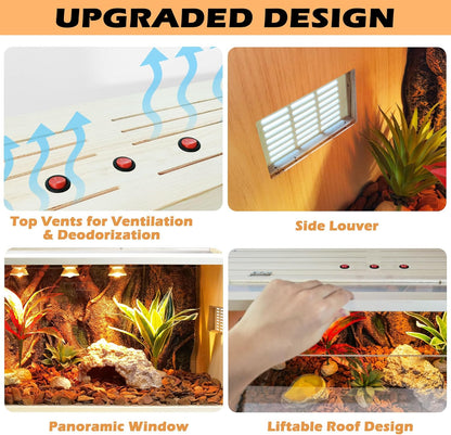 Prolee Bearded Dragon Tank, Reptile Enclosure, Snake Tank, Reptile Terrarium, Built-in Light Fixtures with Switch, (37 Gallon, 40" Long, Thick Wood Roof)
