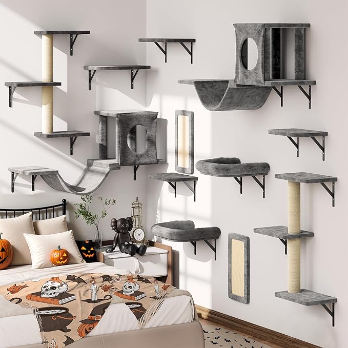 NUNU LAB Wall Mounted Cat Wall Shelves, 12-in-1 Cat Wall Climber with Condos House, Scratching Post, Bridge Ladder, Indoor Space-Saving Furniture for Kittens Play, Dark Gray