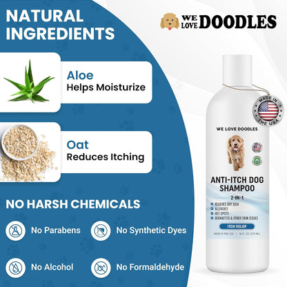 Premium Anti Itch Dog Shampoo for Sensitive Skin, Made in USA, Dry Skin Treatment for Dogs, Great for Allergies, Itching, Hot Spots, Natural Ingredients & Allergy Relief, 16 OZ [We Love Doodles]