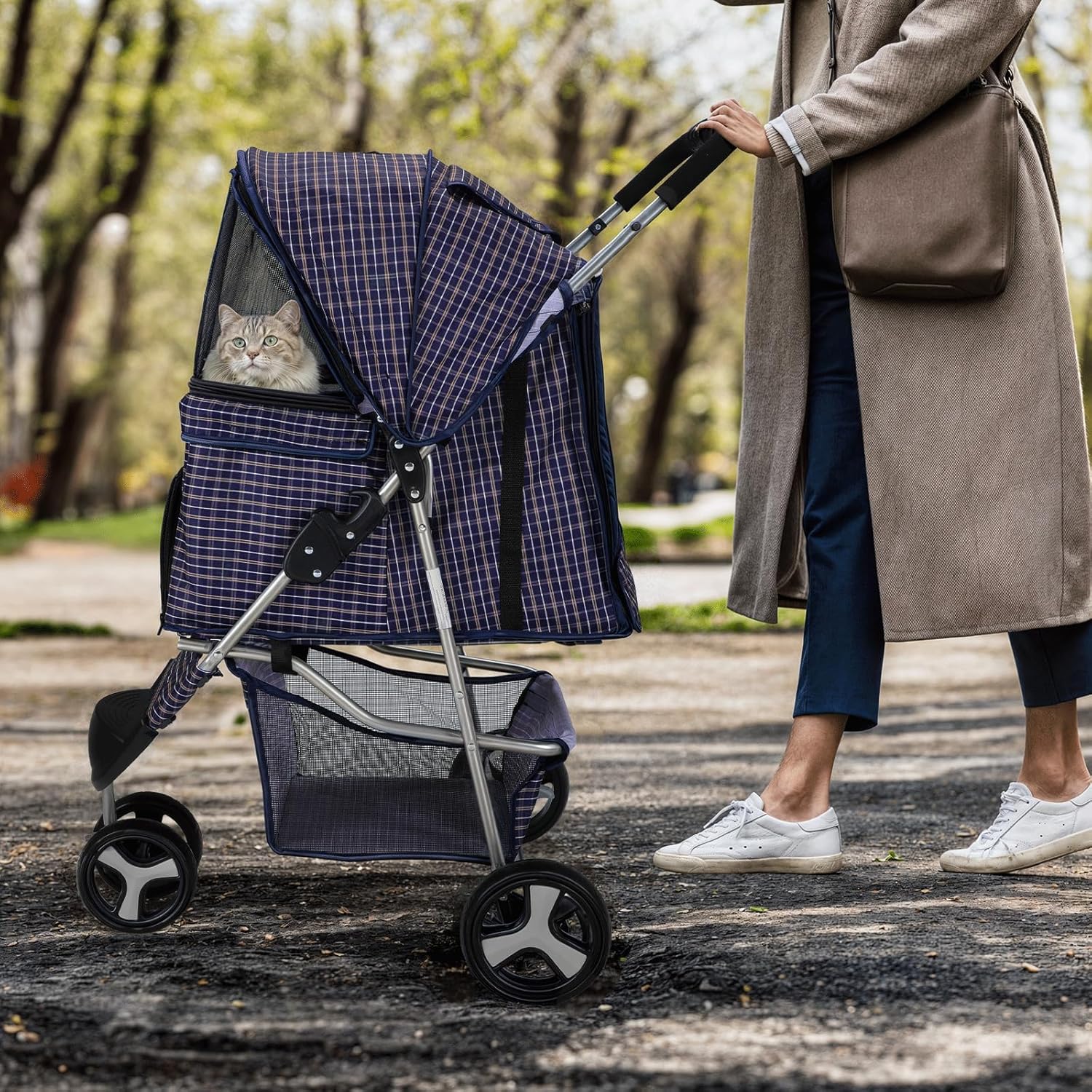 MoNiBloom 3 Wheels Pet Dog Cat Stroller for Small Medium Dogs Cats, Lightweight Foldable Jogger Stroller w/Storage Basket and Cup Holder, Plaid - Pawvie