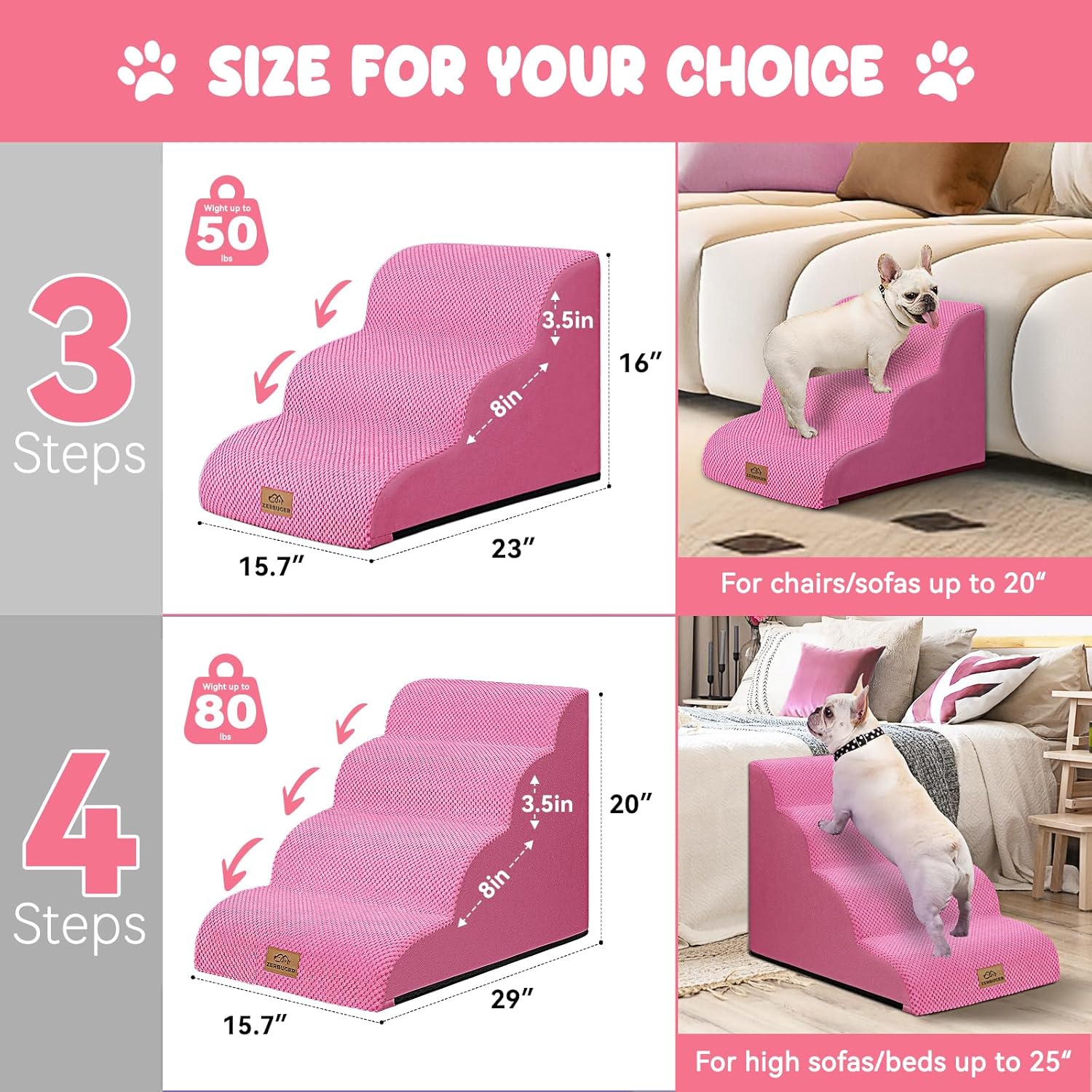 Dog Ramp and Stair for Bed 16" H-20 H,3-Step Cat Stair for Sofa and Chair,4-Step Dog Ramp for High Bed and Window,Durable Nonslip Fabric Cover for Indoor (Pink-20 H, Pet Friendly, 4) - Pawvie