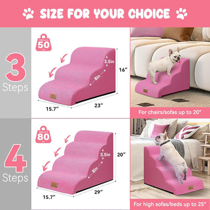 Dog Ramp and Stair for Bed 16" H-20 H,3-Step Cat Stair for Sofa and Chair,4-Step Dog Ramp for High Bed and Window,Durable Nonslip Fabric Cover for Indoor (Pink-20 H, Pet Friendly, 4) - Pawvie