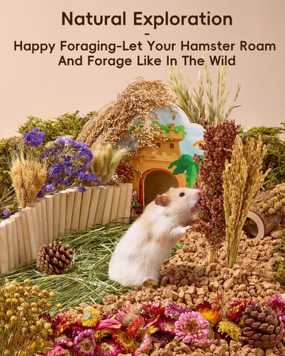 BUCATSTATE Natural Hamster Bedding - Flowers & Herbs & Sprays for Cage Habitat Decor - Treat Cereal Grain for Dwarf Syrian Gerbils, Mice, Rat, Forage, Enrichment (54PCS)