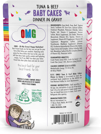 Weruva B.F.OMG - Best Feline Friend Oh My Gravy!, Tuna & Beef Baby Cakes with Tuna & Beef in Gravy Cat Food, 3oz Pouch (Pack of 12), Purple (0152)