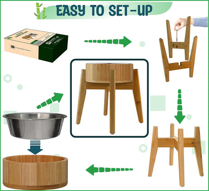 Dog Bowls Elevated, 12-inch High, 5-Cup Cap - Set of Bamboo Holder, Stainless Inner Dish and Stand - Ideal for Medium to Large Breeds - All-Detachable Parts