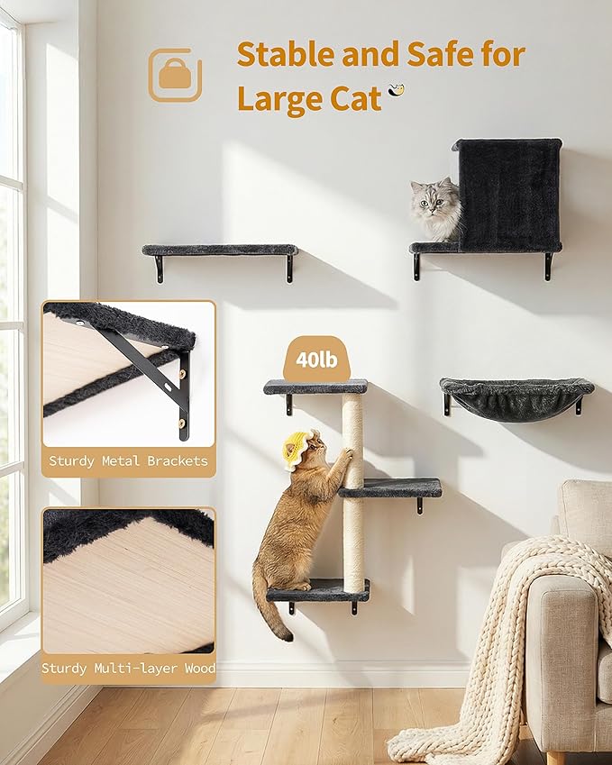 Cat Wall Shelves with Vertical Cat Scratcher, 17" × 11.9" Large Perch Bed and Hammock for Large Adult Cats, 6-in-1 Heavy Duty Cat Furniture Set for Indoor Cats