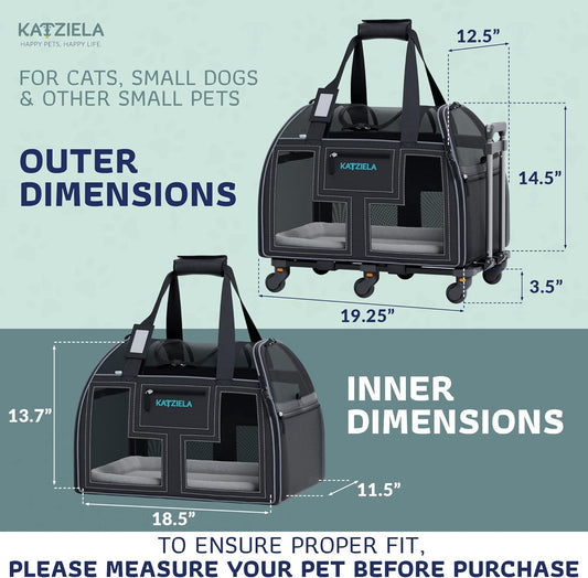 Katziela Rolling Pet Carrier Airline Approved - Pet Carrier with Wheels - Luxury Lorry - Deluxe TSA Approved Cat Carrier with 6 Wheels - Small Airline Approved Dog Carrier Trolley - Plane Carry On Bag