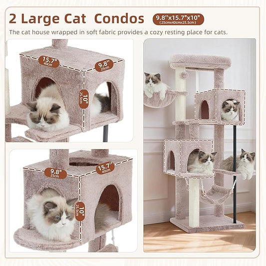 51.2'' Cat Tree Tower, Cat Tower with Scratching Post, Sturdy Steel Pube Cat Tree for Inoor Cats Large Adult, Cat Hammock and Basket, Padding Top Platform, Mushroom GCT014MU