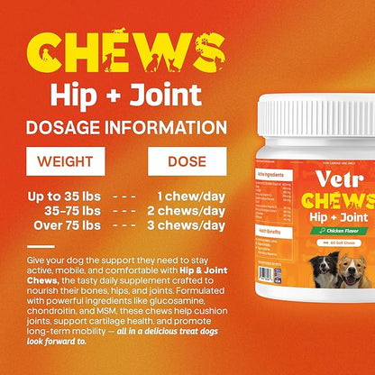 Vetr Hip and Joint Chicken Flavored Chews for Dogs - Glucosamine Chondroitin MSM Supplement - 120 Chewable Tablets - Vet-Formulated in USA