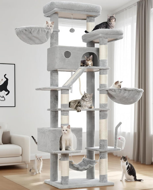 Cat Tree for Large Cats, 78.7"(200cm) Tall Cat Tower for Indoor Cats Multiple Cats with Large Top Perch, Cat Condo, Cat Hammcok, Cat Scratching Post, Light Gray GCT031W