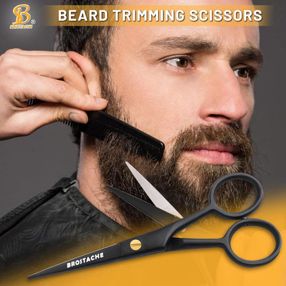 5” Professional Beard and Mustache Scissors, German Steel Beard Scissors Come with Mustache Comb, Beard Comb and Carrying Pouch. Grooming Scissor for All Facial Hair Scissors (Black).