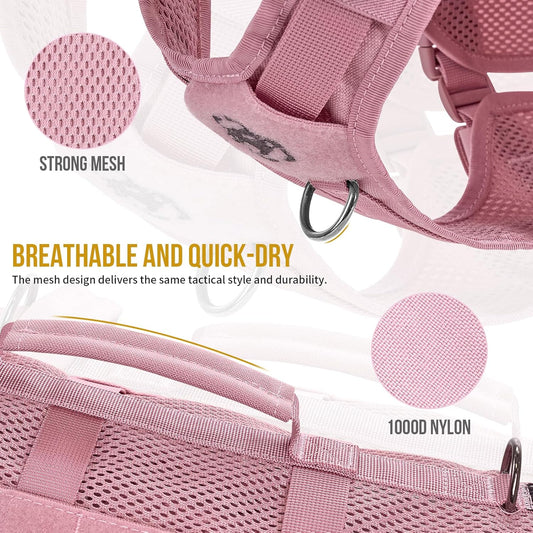 OneTigris Tactical Dog Harness for Small Dogs, No Pull Small Dog Vest Harness with Handles Breathable Military Dogs Molle Vests, Walking Hiking Training (Pink, X-Large)