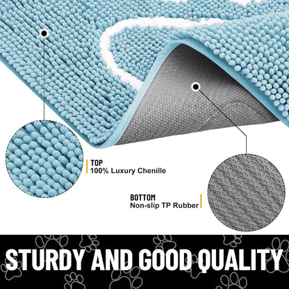 Smiry Dog Door Mat for Muddy Paws, Absorbent Dirt Trapper Non Slip Quick Dry Washable Chenille Mat for Mud Dogs, Entry Rug for Indoor and Outdoor (24x16 Inches, Sky Blue)