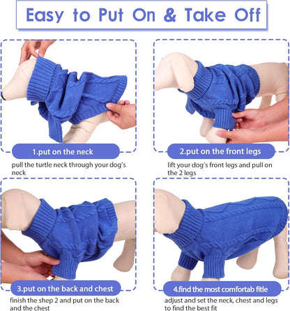 Queenmore Small Dog Pullover Sweater, Cold Weather Cable Knitwear, Classic Turtleneck Thick Warm Clothes for Chihuahua, Bulldog, Dachshund, Pug (Royal Blue, X-Large)