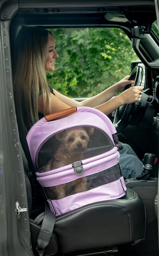 Pet Gear No-Zip View 360 Ultra Lite Pet Safety Carrier & Car Seat for Small Dogs & Cats Push Button Entry, 15", Bright Lilac - Pawvie