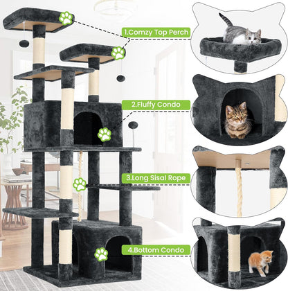 69in Large Cat Tree Tower for Indoor Cats with Soft Plush Hang Ball, Two Condos, Sisal Scratch Posts & Rope Play for Kittens/Adult Cats, Deep Grey