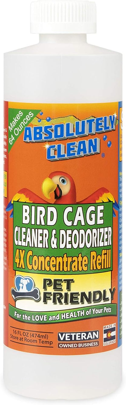 Absolutely Clean Amazing Bird Cage Cleaner and Deodorizer - Just Spray/Wipe - Safely & Easily Removes Bird Messes Quickly and Easily - USA Made - Fragrance Free (4X Concentrate - 16oz Makes 64oz)