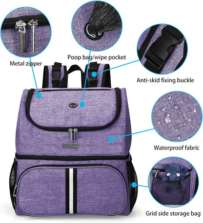 BAGLHER Pet Travel Bag, Double-Layer Pet Supplies Backpack (for All Pet Travel Supplies), Pet Travel Backpack with 2 Silicone Collapsible Bowls and 2 Food Baskets Purple - Pawvie