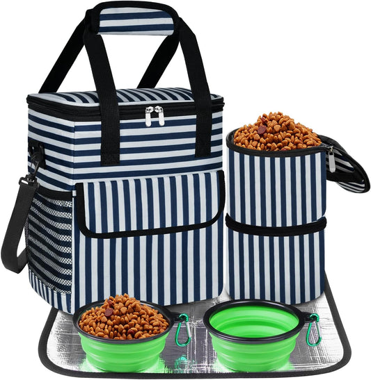 Dog Travel Bag for Camping - Pet Travel Accessories with 2 Collapsible Bowls, 2 Food Containers & Waterproof Feeding Mat - Portable Dog Carrier, Stripe (Small) - Pawvie