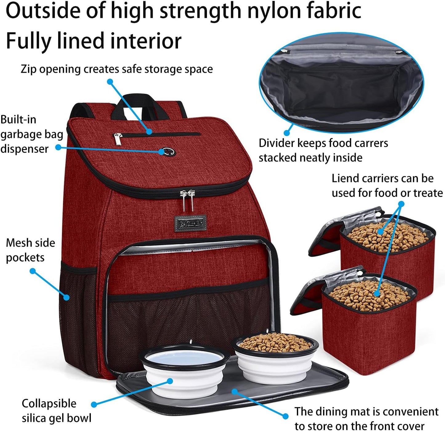 BAGLHER丨Dog Travel Bag, Airline Approved Pet Supplies Backpack, Dog Travel Backpack with 2 Silicone Collapsible Bowls and 2 Food Baskets - Pawvie