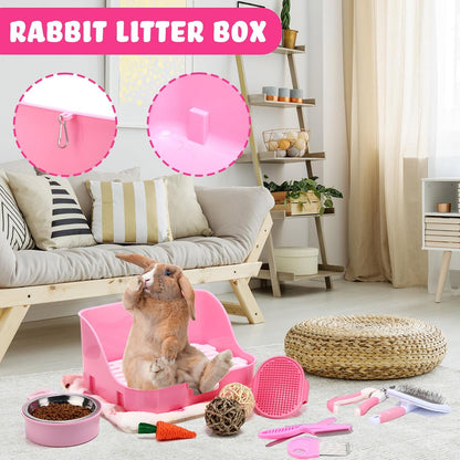 15 Pcs Rabbit Starter Kit Small Rabbit Litter Box Animal Grooming Kit Bunny Toys Bowl Blankets with Cleaning Set for Guinea Pig Accessories(Pink)