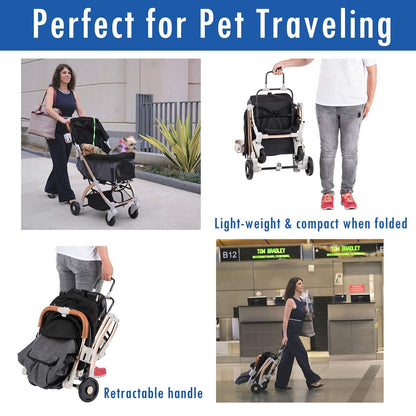 Lite Premium Light-Weight Dog/Cat/Pet Stroller Travel Carriage with Convertible Compartment/Zipper-Less Entry/1-Hand Quick Fold/Aluminum Frame for Small & Medium Pets (Black 2nd-Gen.) - Pawvie