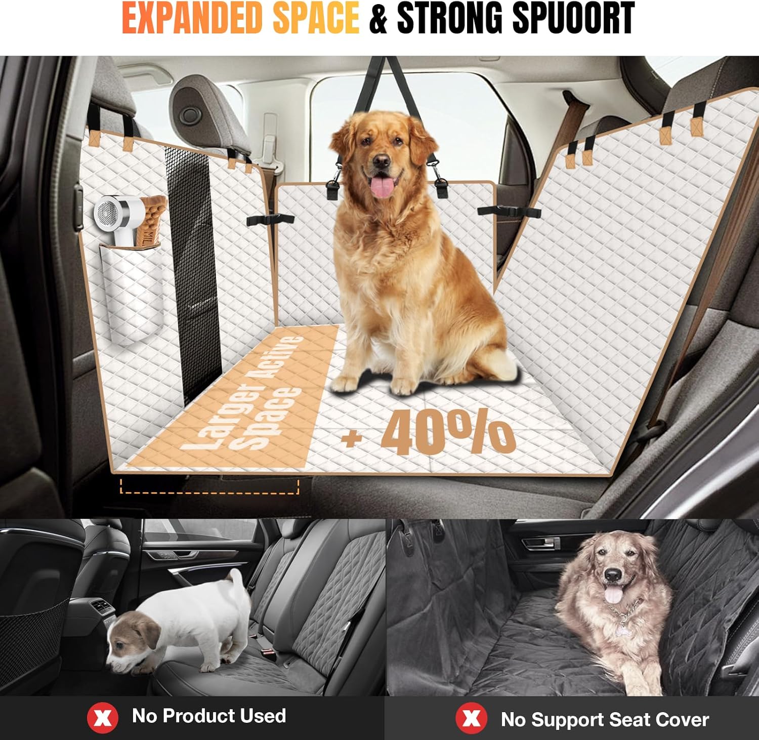 Dog Car Seat Cover for Back Seat, Dog Car Bed Cover with Strong Hard Bottom, Car Back Seat Extender Hammock for Car SUV Truck 4 Panels Beige Color - Pawvie