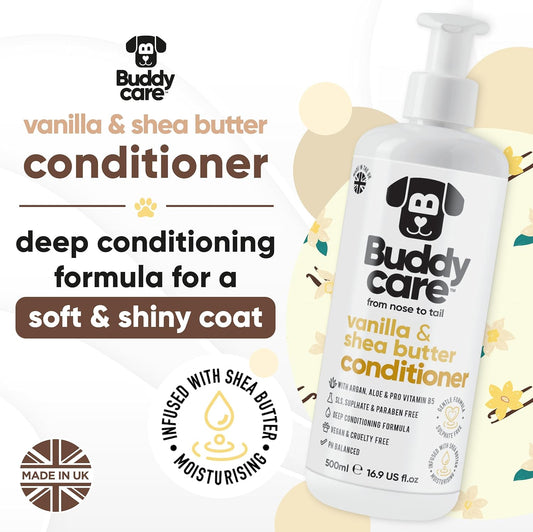 Vanilla & Shea Butter Dog Conditioner (16.90oz) Aloe Vera, Argan Oil & Pro Vitamin B5 to Detangle Matted Coats & Relieve Sensitive & Itchy Skin, Suitable for Puppies from 8 Weeks, Vegan