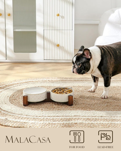 MALACASA Dog Bowl Set with Walnut Wood Stand, 1.5 Cups Ceramic Pet Bowls for Puppy Dogs, Dual Food and Water Bowls with Weighted Non-Slip Base, Basic Bowls for Your Dog or Cat, Rhombic & Polka Dots