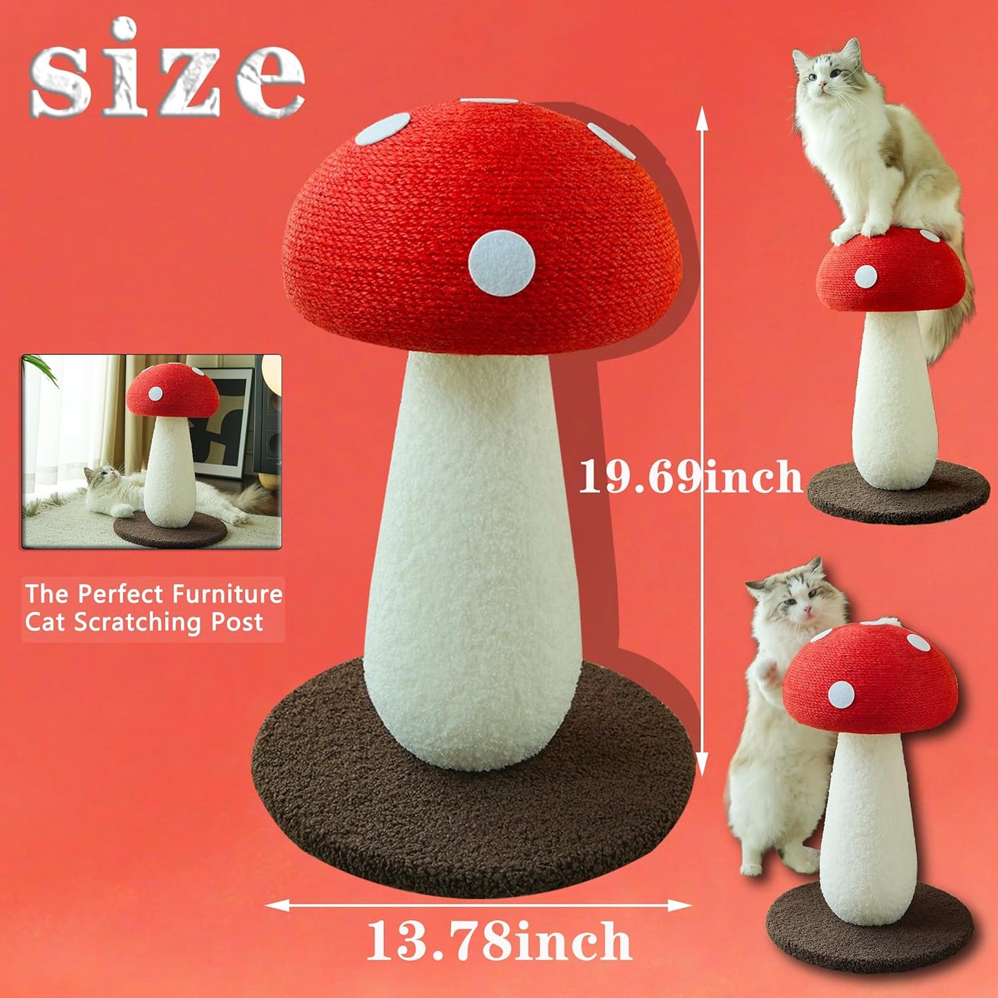 Mushroom Cat Scratcher, Cute Cat Scratching Post, Durable Sisal Rope Cat Scratching Board, Kitten Tree, Cat Toy for Cats to Play and Care for Their Claws, No Assembly Required (Red, Big, 7)