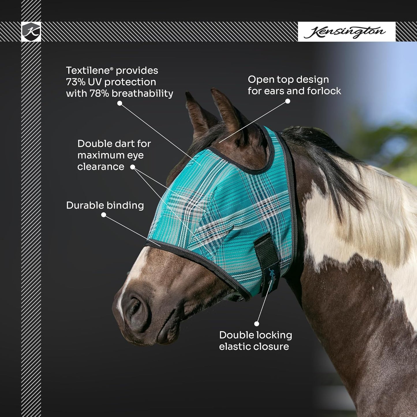 Kensington Fly Mask Web Trim Protects Horses Face and Eyes from Bites and Sun Rays While Allowing Full Visibility Ears and Forelock Able to Come Through The Mask, Medium, Atlantis
