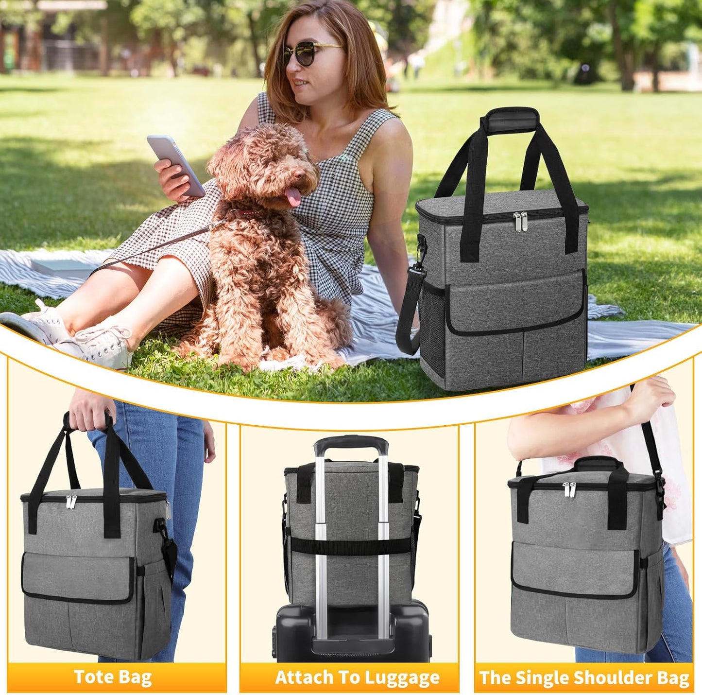 Dog Travel Bag for Camping - Weekend Pet Accessories With 2 Collapsible Bowls, 2 Food Containers, 1 Waterproof Feeding Mat - M, Grey - Pawvie