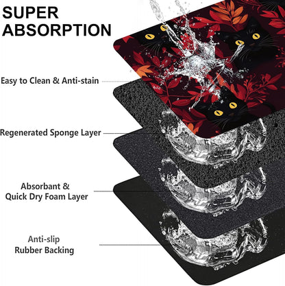 Black Cat Forest Pet Feeding Mat-Quick Dry Absorbent Dog Cat Food Mat, Anti-Slip Water Bowl Mats for Messy Eaters-No Stains Indoor Pet Accessories 16"x24"