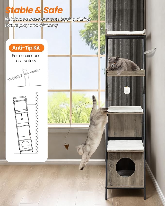 Modern Wood Cat Tree Tower for Indoor Cats Large Adult - 67 Inch Tall Multi-Level Heavy Duty Cat Condo Trees Furniture with Caves Perch Bed Scratching Board - XL Big Sturdy Wooden Kitty House