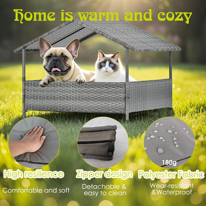 Wicker Dog House Outdoor Indoor with Canopy, Elevated Dog Shelter & Dog Bed with Light Gray Cushion, Water-Resistant Raised Pet House for Small Medium Dogs, Rattan Dog Cot for Deck, Patio, Yard, Pool